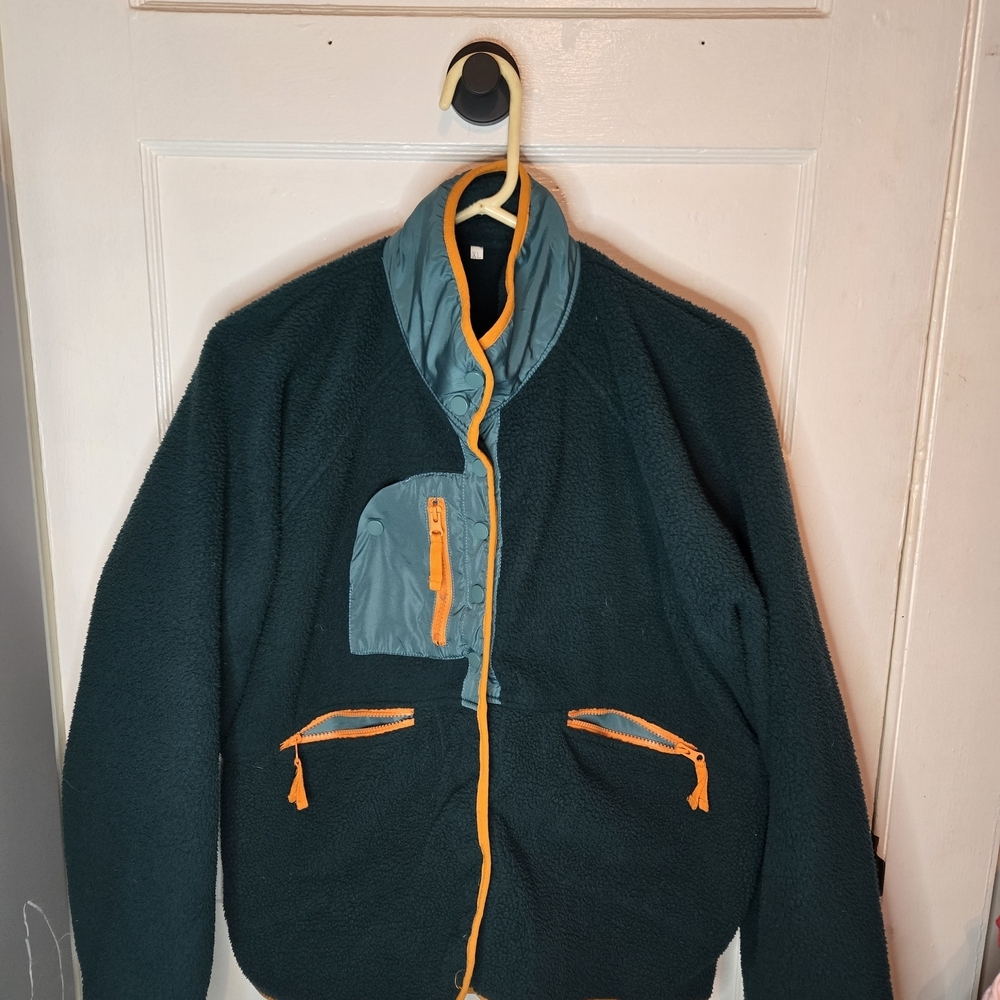 Men's Green Fleece Jacket with Orange Accents